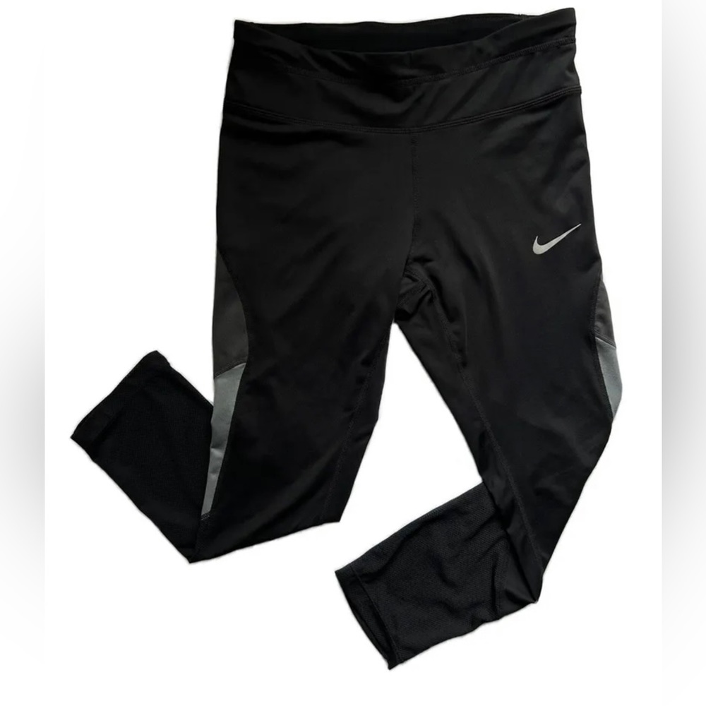 NIKE DRI-FIT Power Running Midrise Crop XS Mesh Legging Black White Grey - Picture 2 of 5